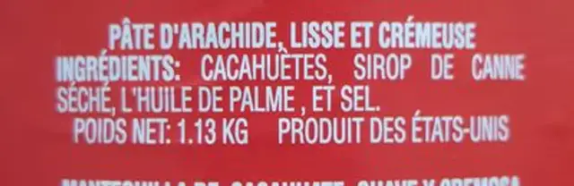 Beurre de Cacahuètes ingredients label