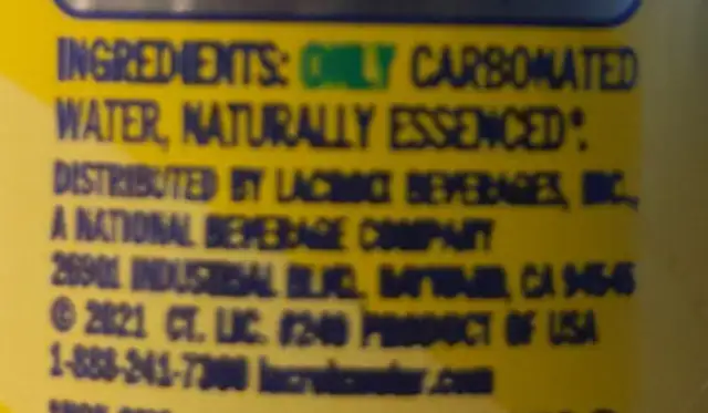 LaCroix LimonCello Sparkling Water ingredients label
