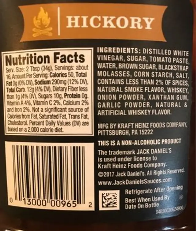 Jack Daniel's barbecue ingredients label