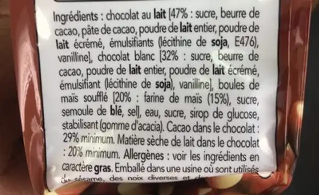 Klik, white & milk chocolate corn puffs, vanilla 'n fudge ingredients label