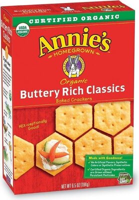 Annies organic buttery rich classic baked snack crackers front packaging