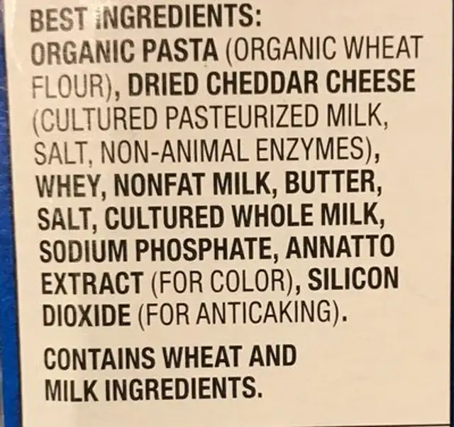 Classic mild cheddar macaroni and cheese ingredients label
