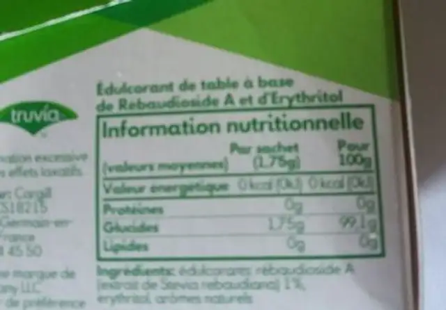 édulcorant 40 Sachet (70g) ingredients label