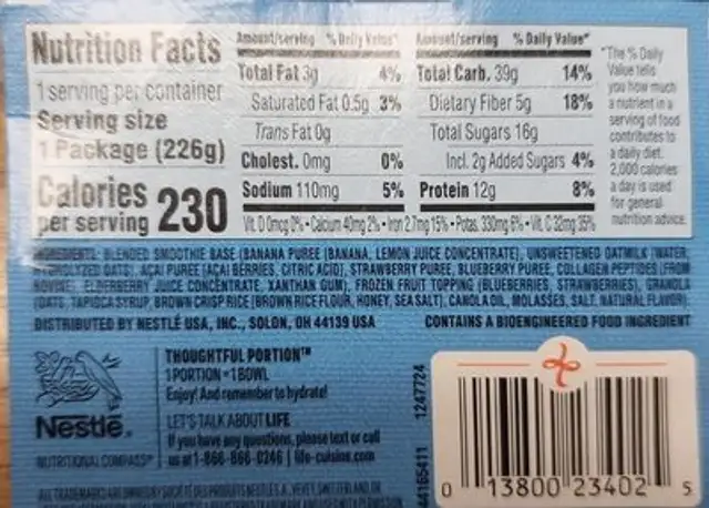 Life cuisine immune support acai bowl nutrition facts table