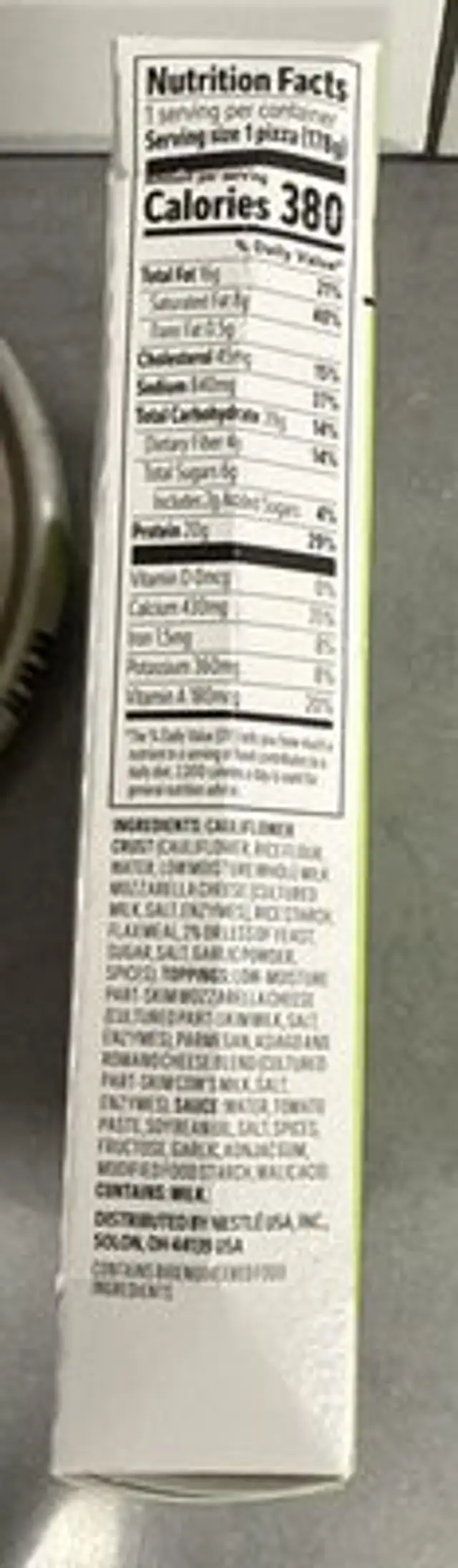 Cauliflower Crust Three Cheese Pizza nutrition facts table
