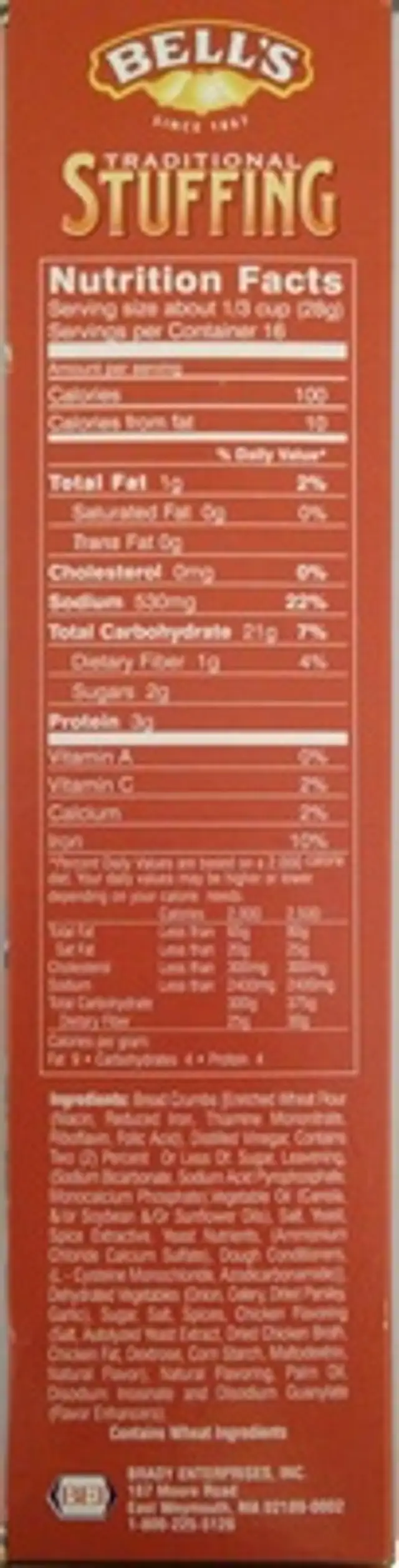 Bell's, traditional stuffing nutrition facts table
