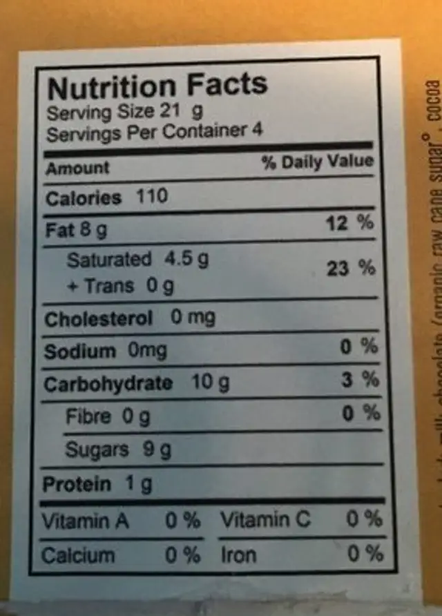 A handcrafted milk chocolate bar nutrition facts table