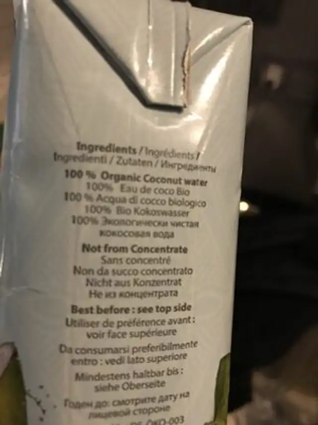 Organic coconut water ingredients label