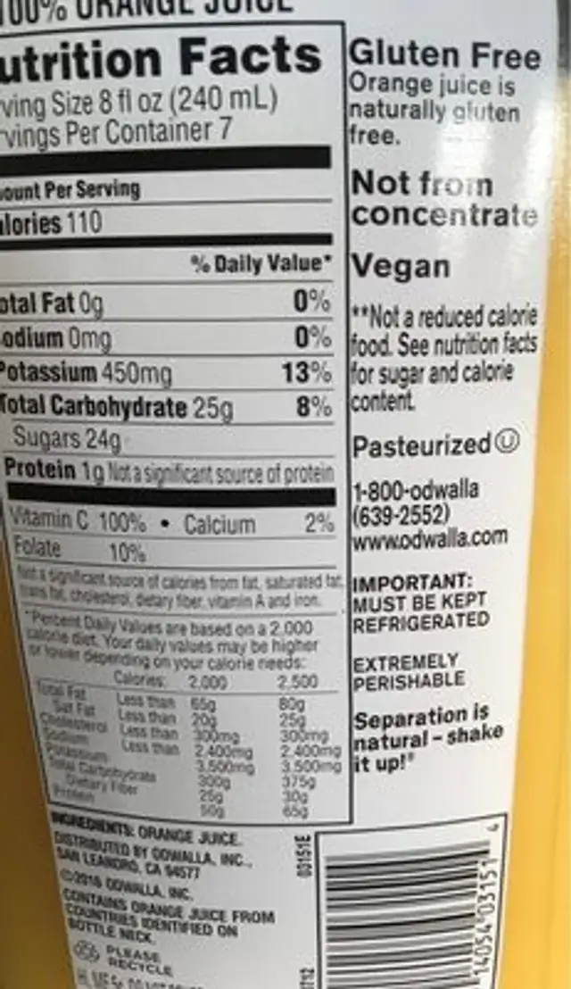 100% juice, orange ingredients label