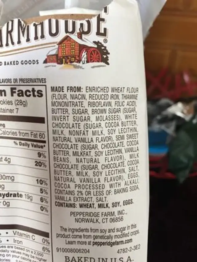 Pepperidge farm cookies chocolate ingredients label