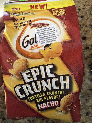 Epic crunch, nacho baked tortilla snacks, nacho front packaging