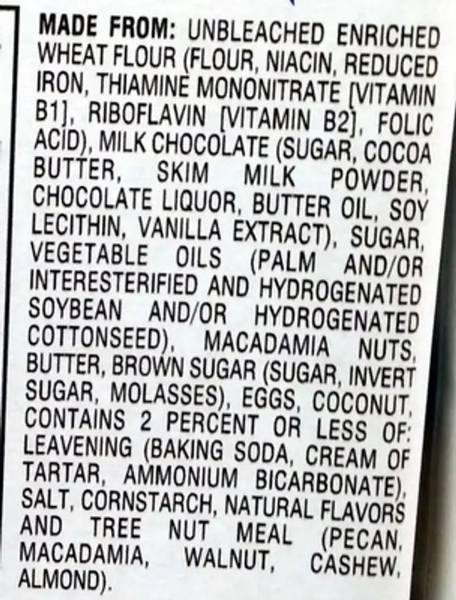 Sausalito Milk Chocolate Macadamia ingredients label