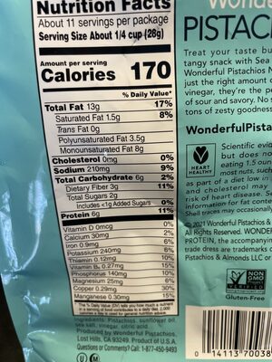 Sea Salt & Vinegar Pistachios nutrition facts table