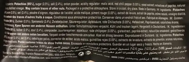 Wonderful Pistachios Sweet Chili ingredients label