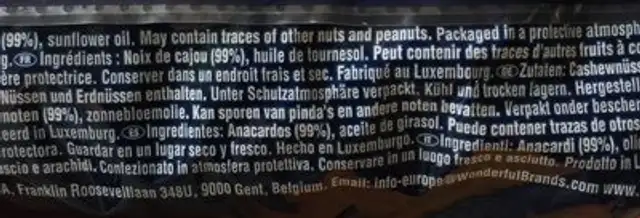 Cashews ingredients label