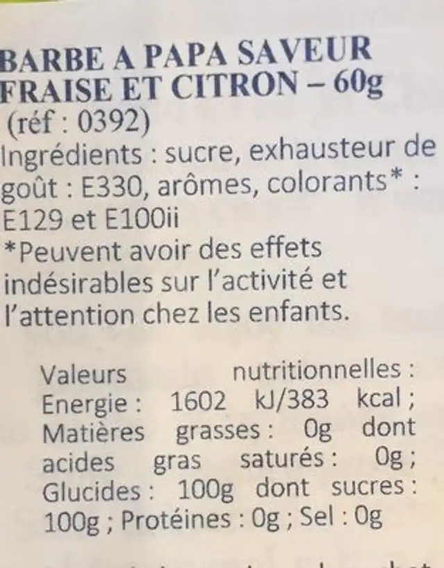 Cotton Candy ingredients label