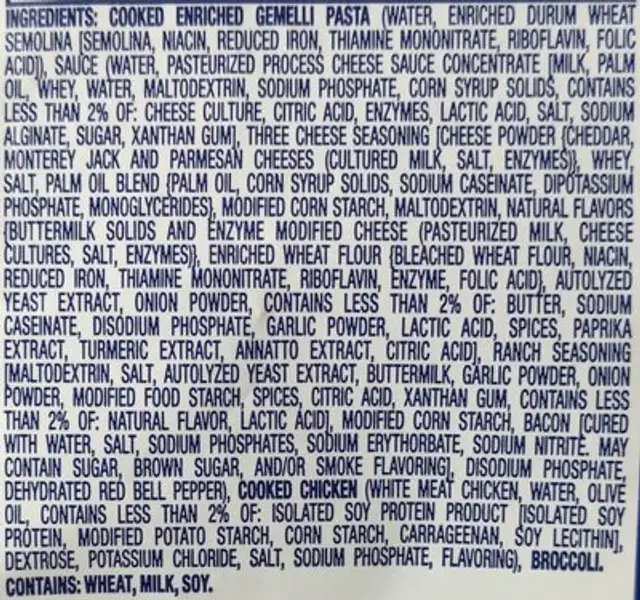 Voila Chicken Bacon Ranch Mac & Cheese Skillet ingredients label