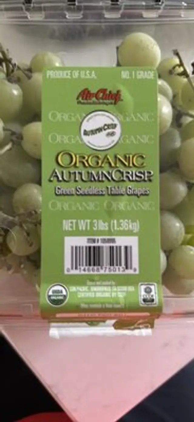 Organic AutumnCrisp Green Seedless Table Grapes nutrition facts table