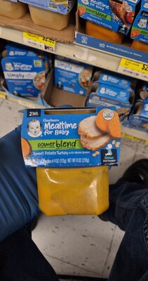 Gerber sweet potato and turkey whole grain baby food front packaging