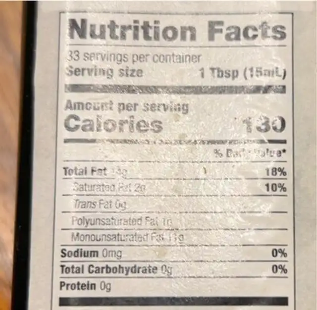 Extra Virgin Olive Oil nutrition facts table