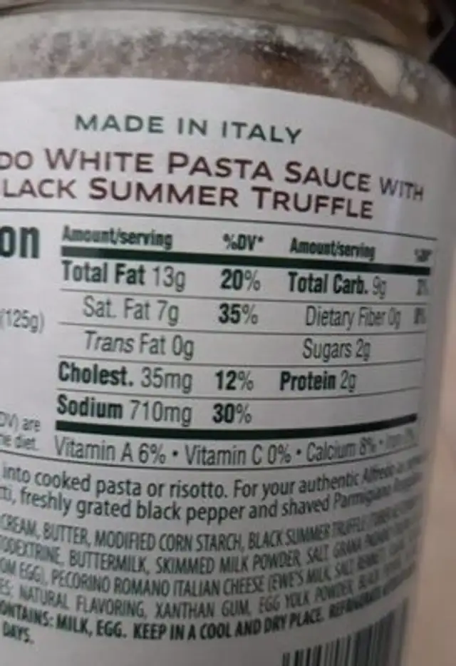 Italia Alfredo Pasta Sauce nutrition facts table