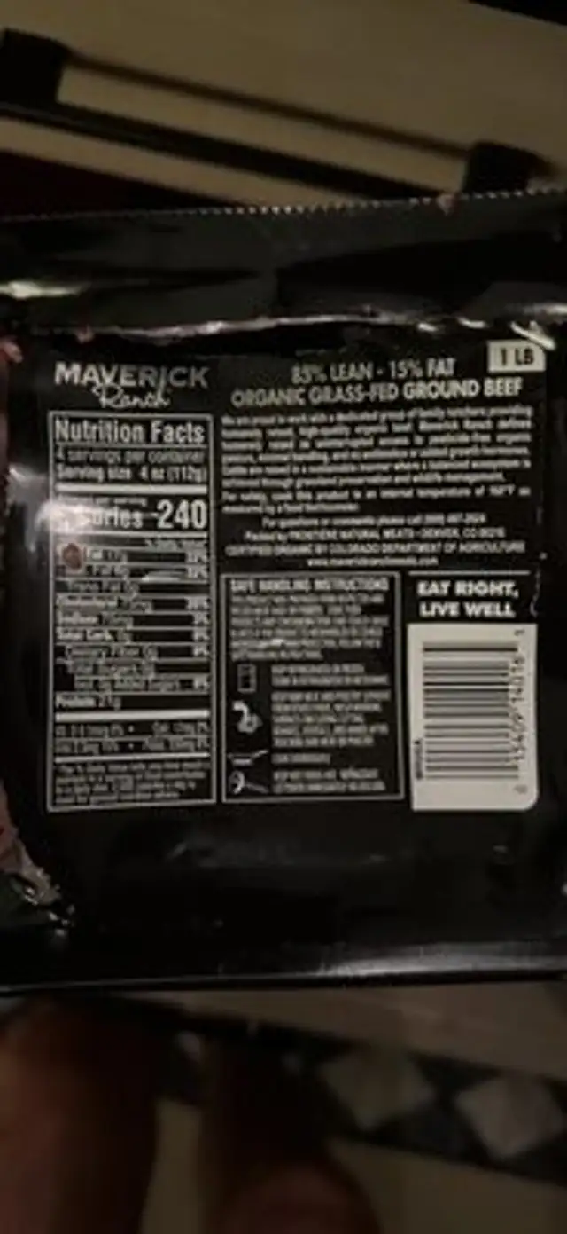 Organic Ground Beef 100% Grass Fed nutrition facts table