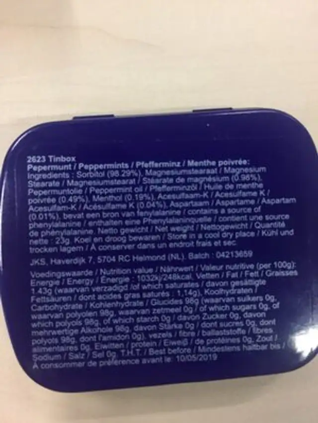 Bonbons ingredients label