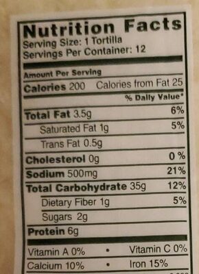 Tortillas Mexico nutrition facts table