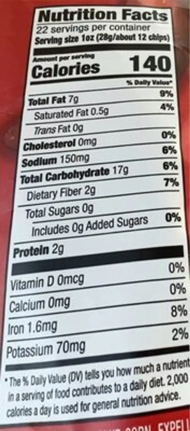 Red Hot Blues Corn Tortilla Chips nutrition facts table