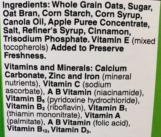 Apple cinnamon whole grain oat cereal ingredients label