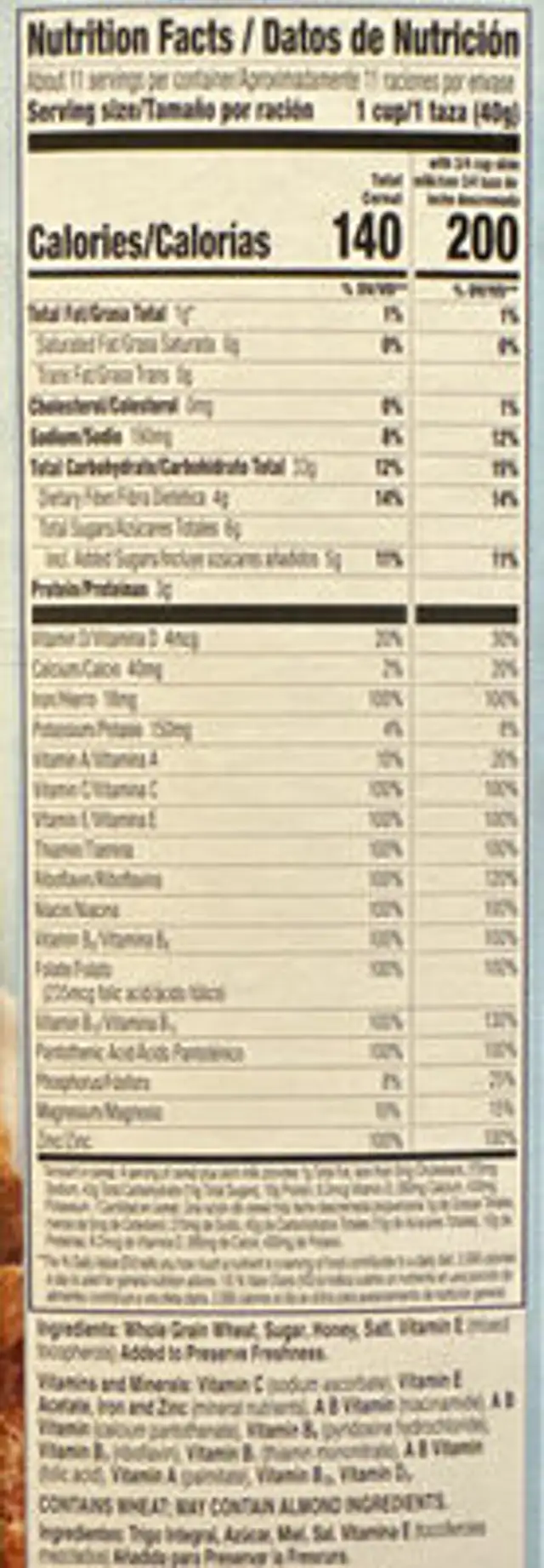 Total whole grain flakes nutrition facts table