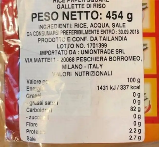 Rice Paper nutrition facts table