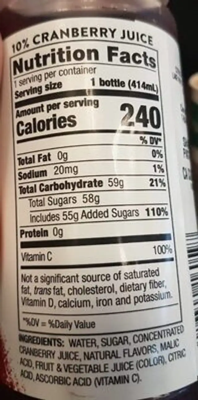 Juice Cocktail From Concentrate nutrition facts table