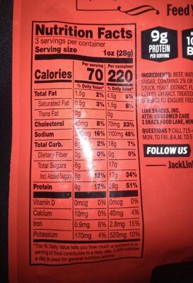 Jack links Extra Thick Cut Steak Strips nutrition facts table