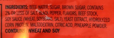 Beef jerky meat snacks, peppered ingredients label