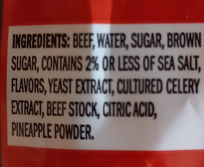 Beef Jerky Sweet & Hot ingredients label