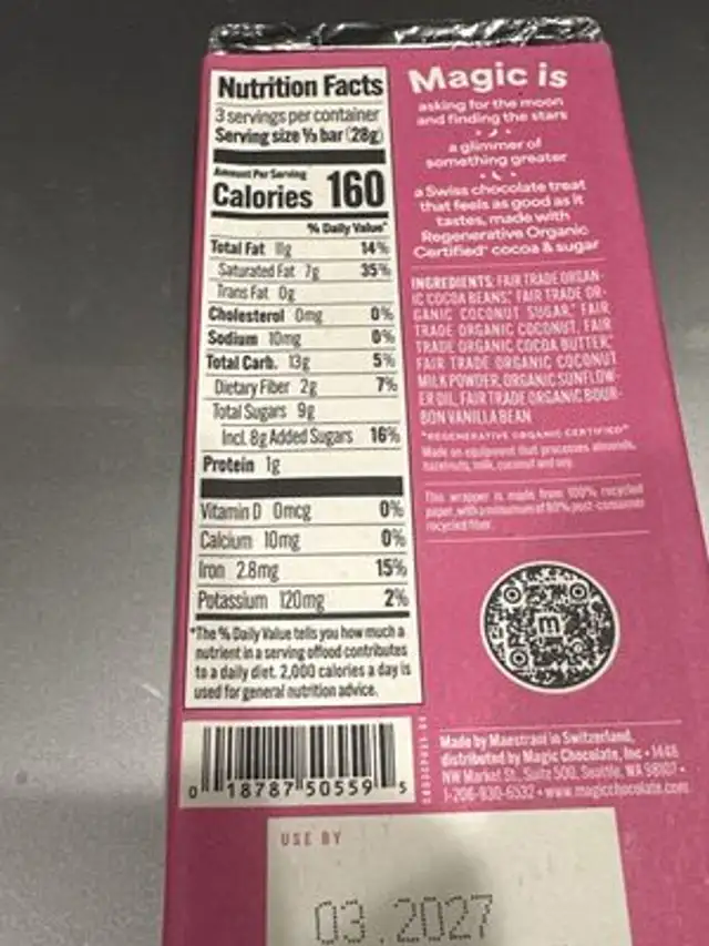 Magic All-One Chocolate - Smooth Coconut Praline nutrition facts table