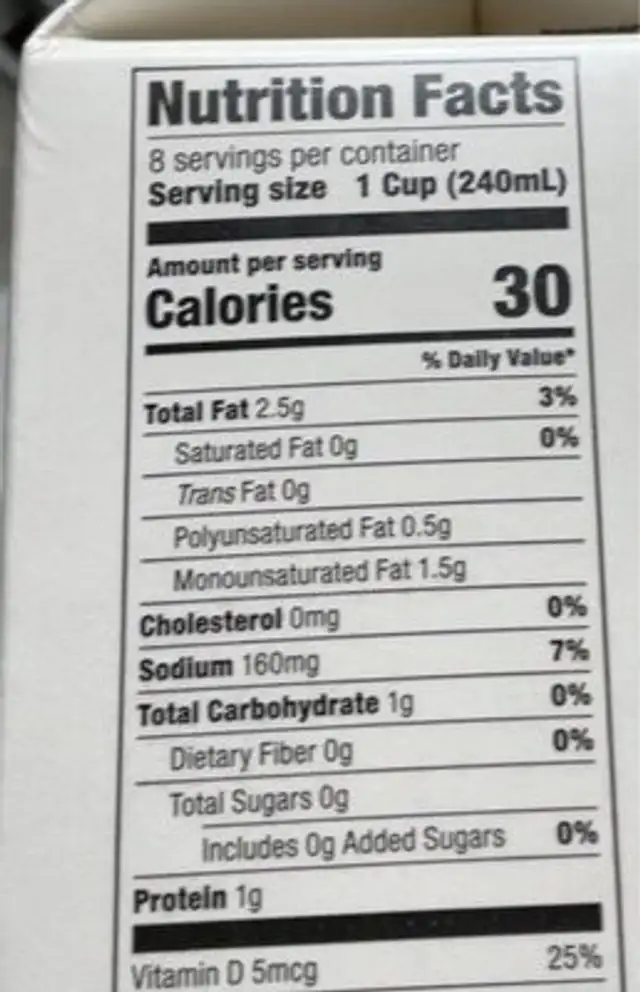 unsweetened Vanilla Almond Milk nutrition facts table