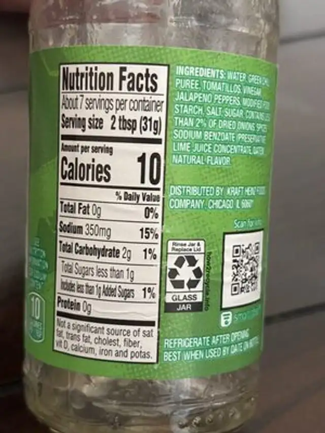Salsa verde nutrition facts table