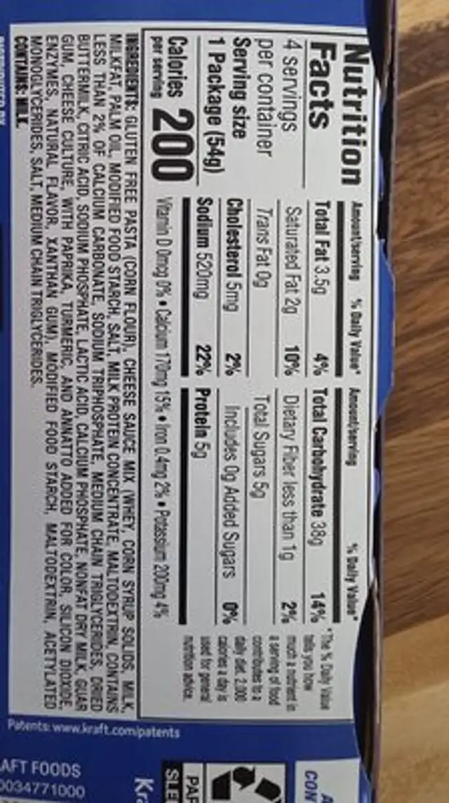 Gluten Free Mac And Cheese nutrition facts table
