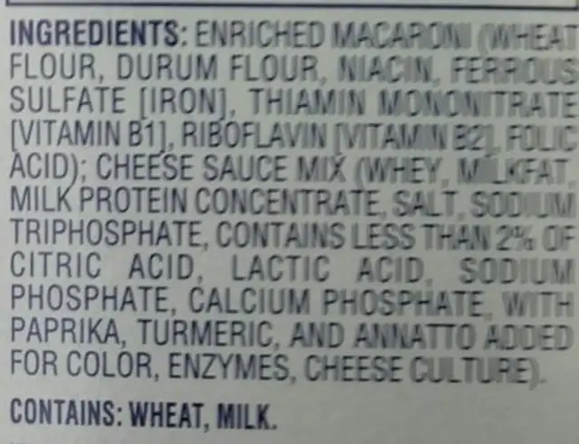 Mac and Cheese thick and creamy ingredients label