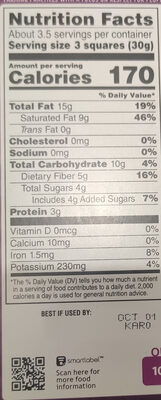 85% Cacao Dark Chocolate nutrition facts table