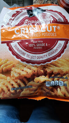 Seasoned criss cut french fried potatoes, seasoned front packaging