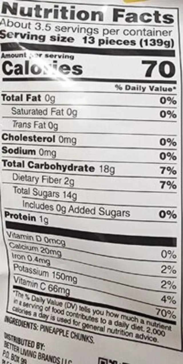 Pineapple chunks nutrition facts table