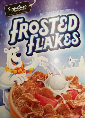 Frosted flakes sweetened flakes of corn cereal front packaging