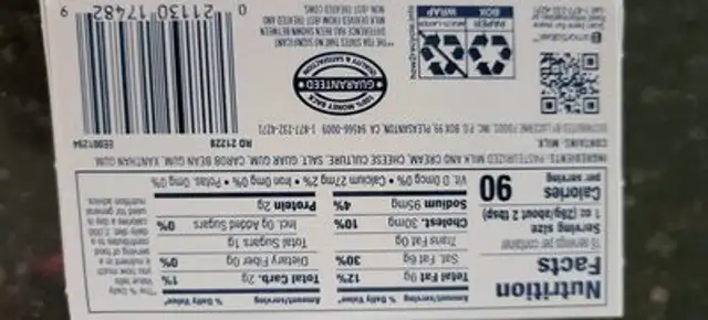 Cream Cheese nutrition facts table