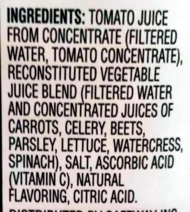 Vegetable Juice ingredients label