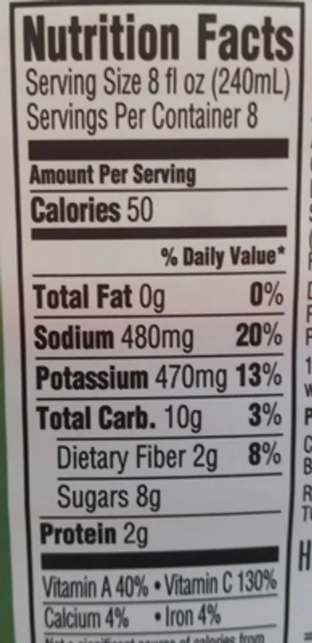 Vegetable Juice nutrition facts table