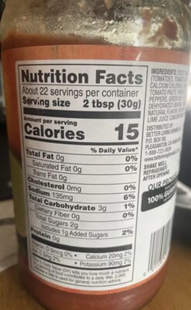 Chunky Salsa nutrition facts table