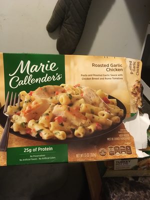 Roasted garlic chicken, pasta and roasted garlic sauce with chicken breast and roma tomatoes meal, roasted garlic chicken